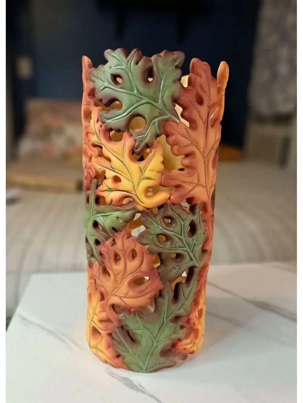 Vtg Partylite Whispering Leaves Pillar Lantern Cutout Autumn Leaf Design 9.5